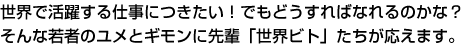 世界で活躍する仕事につきたい！でもどうすればなれるの？そんな若者のユメとギモンに先輩「世界ビト」たちが応えます。